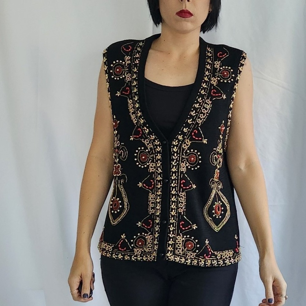 80s Black and‎ Gold Beaded Sweater Vest